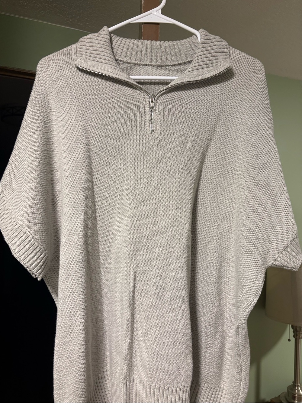 Half-Zip Knit Poncho Sweater in Light Beige